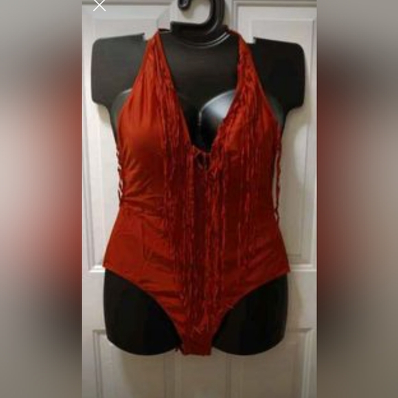 SHEIN 2XL brown fringe trim cut out tie back halter one piece swimsuit - Picture 1 of 11